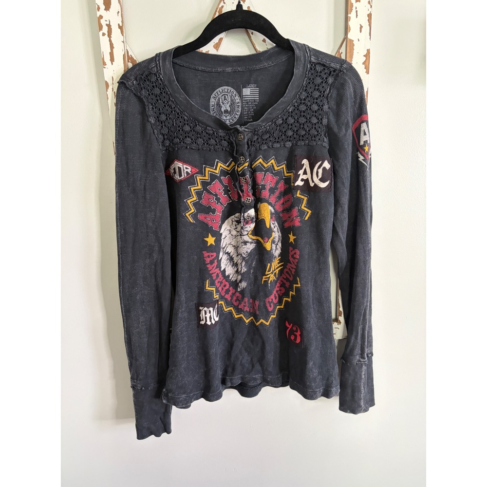 Affliction American Customs Black Eagle Biker Lace Henley Size Large Y2K Grunge